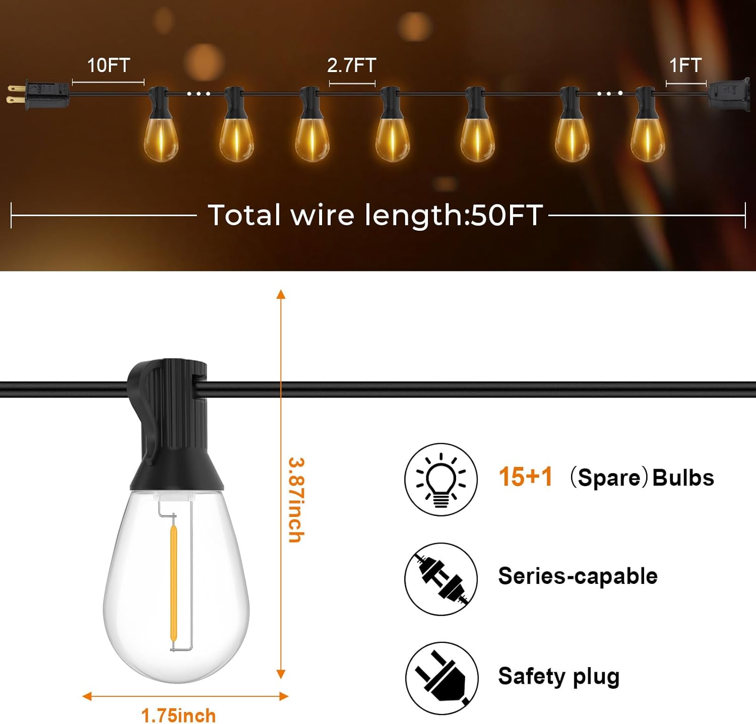LED String Lights Outdoor 50ft